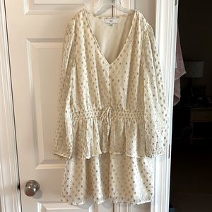 EUC mini dress - ivory with gold shiny polka dots - size medium